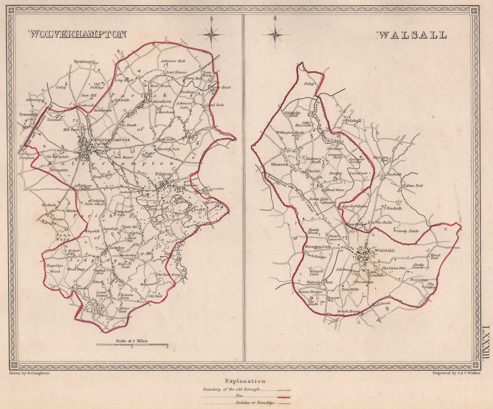 STAFFORDSHIRE TOWNS. Wolverhampton Walsall plans. CREIGHTON/WALKER 1835 map